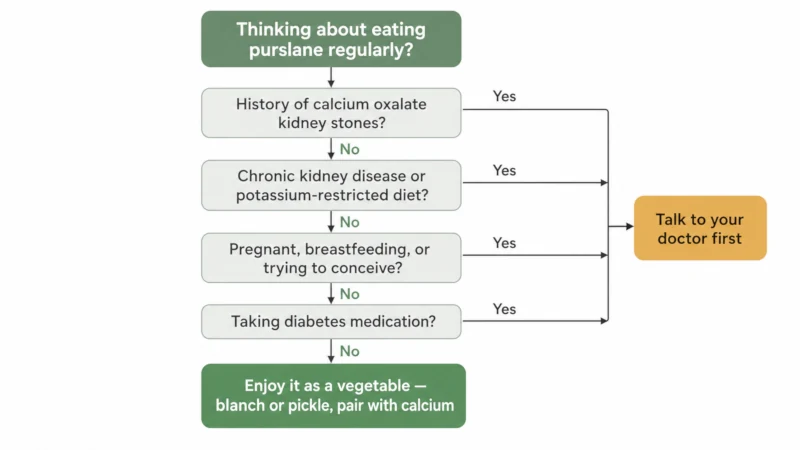 Flowchart guiding readers on whether purslane is suitable based on kidney stone history, kidney disease, pregnancy and diabetes medication