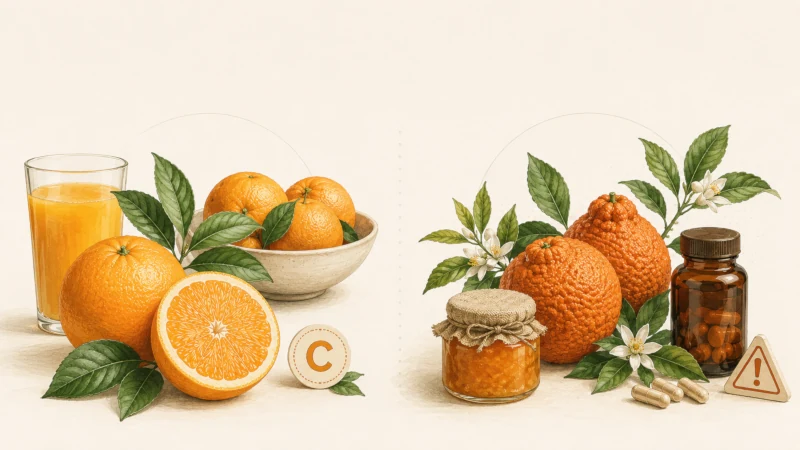 Side-by-side comparison of sweet orange tree and bitter orange showing botanical names and main uses.