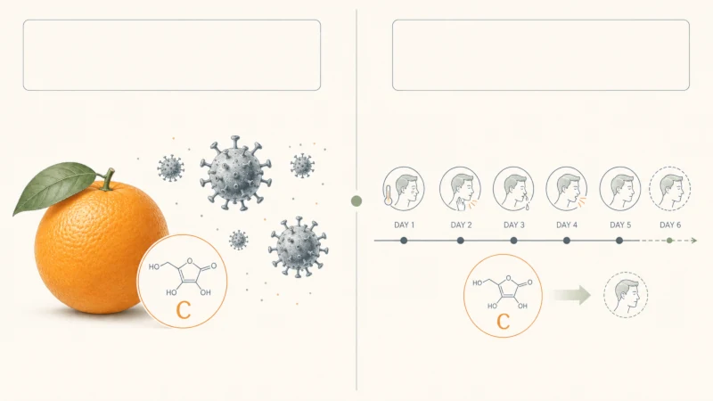 Summary graphic showing vitamin C does not prevent colds in most people but modestly shortens their duration.