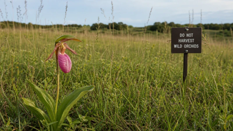 Wild orchid growing in grassland with a do not harvest reminder.