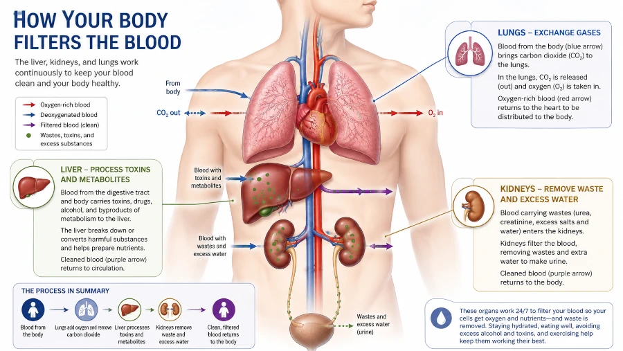Diagram showing the liver, kidneys, and lungs filtering the blood.