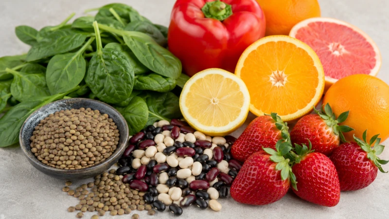 Lentils, spinach, and beans shown next to citrus, bell pepper, and strawberries.