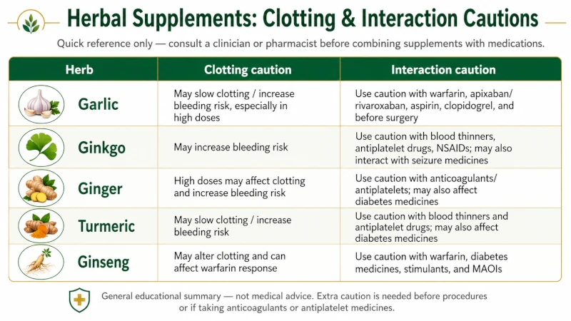 Table listing blood-cleansing herbs like garlic, ginkgo, ginger, turmeric, and ginseng with clotting and interaction cautions.