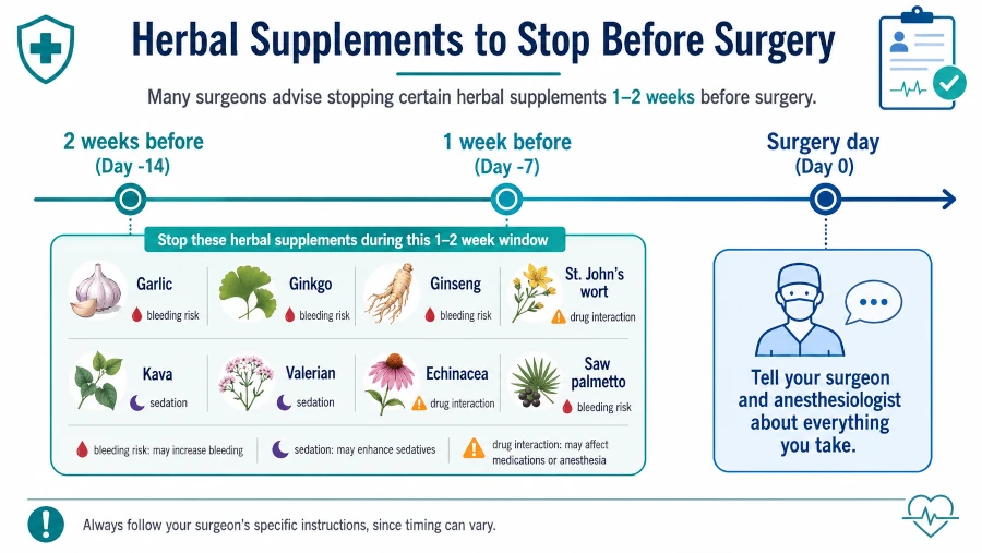 Timeline showing herbal supplements stopped one to two weeks before a surgery date.