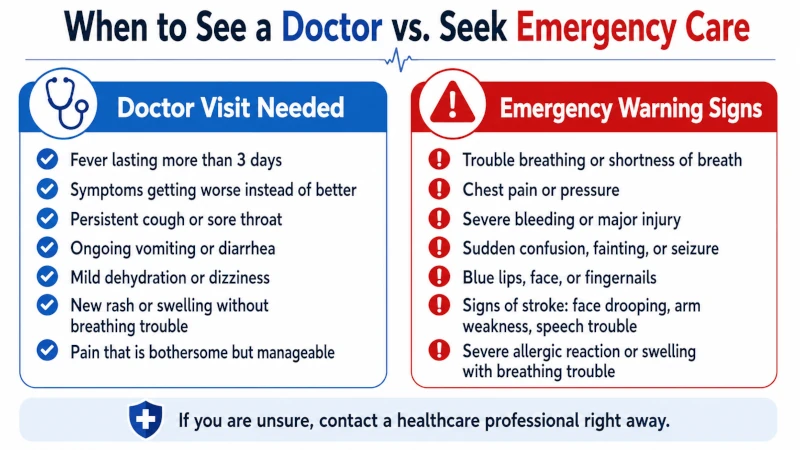 Two-column list separating symptoms that need a doctor’s visit from emergency warning signs.