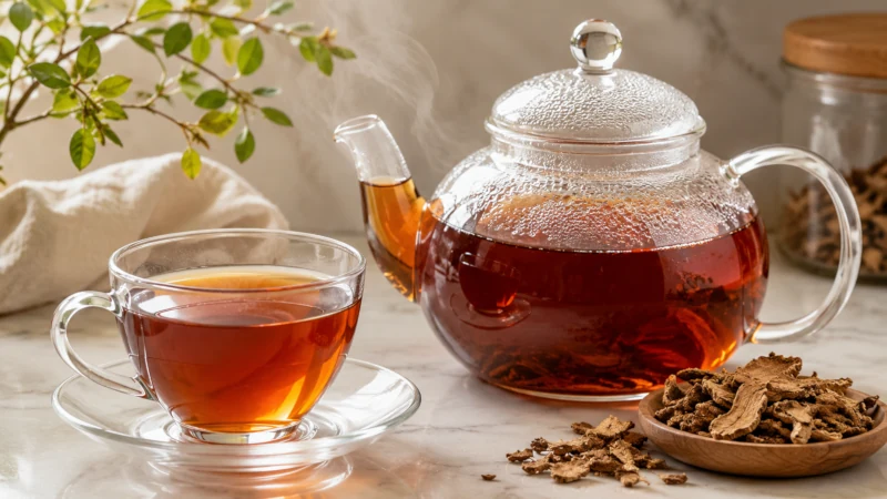 a glass kettle and cup of rhatany root tea