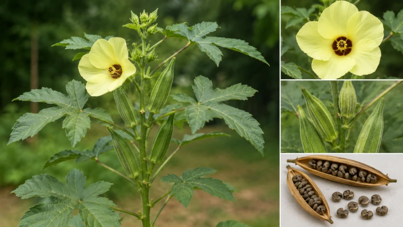 Abelmosk (ambrette) plant with yellow flower and kidney-shaped seeds.