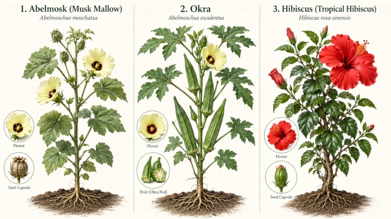 Side-by-side comparison of abelmosk, okra, and hibiscus plants.