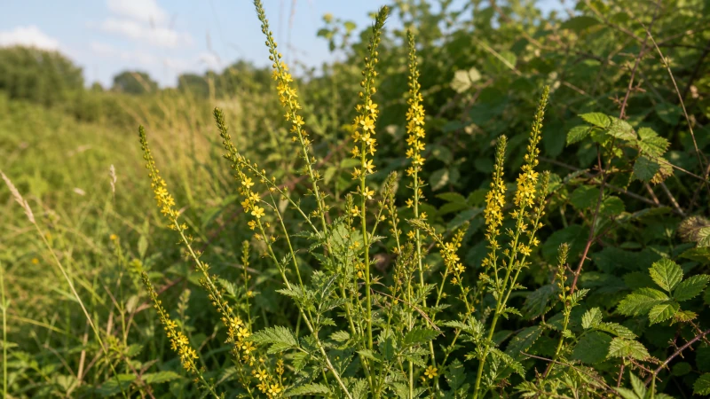 Agrimonia eupatoria plant with tall spikes of small yellow flowers growing in a hedgerow.