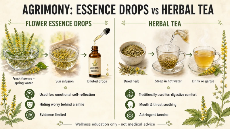 Comparison of agrimony flower essence drops and agrimony herbal tea, showing how each is made and what each is used for.