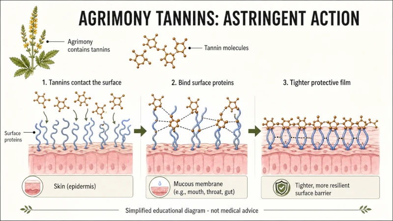 Diagram showing how agrimony tannins bind surface proteins to tighten skin and mucous membranes.