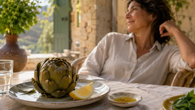 Steamed artichoke served with lemon and olive oil as part of a Mediterranean meal