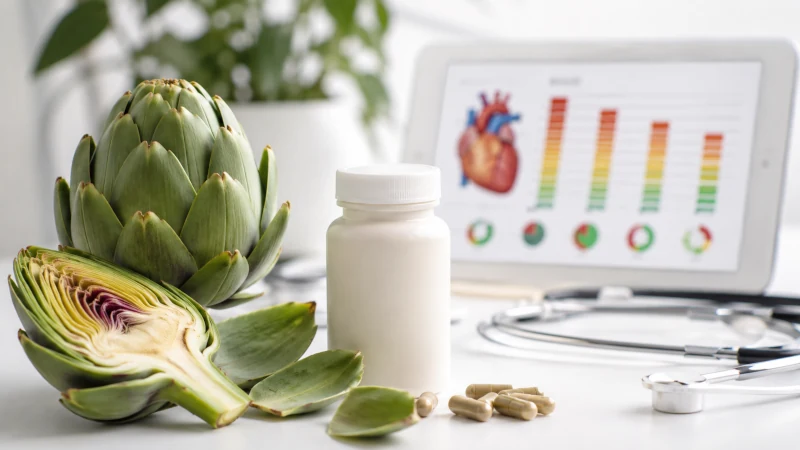 Artichoke leaf extract capsules beside fresh artichokes in a cholesterol research setting