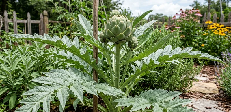 Globe artichoke plant showing the large grey-green medicinal leaves and the edible flower bud.
