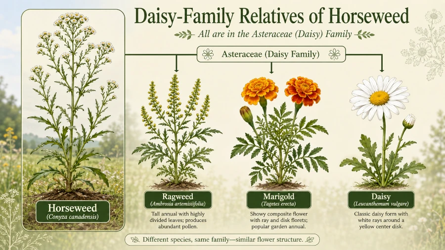 Ragweed, marigold, and daisy shown as daisy-family relatives of horseweed.