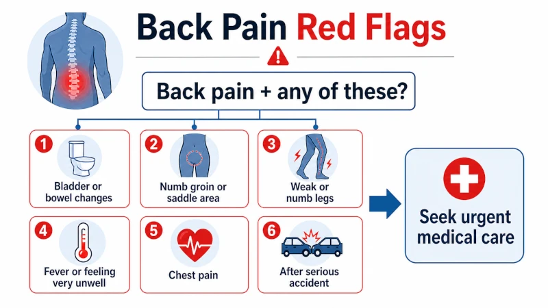 Decision guide showing red-flag back-pain symptoms that need urgent medical care.