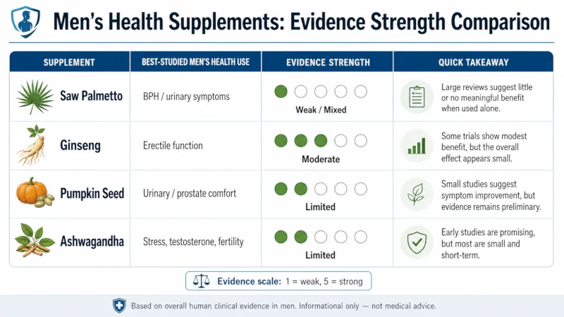 Chart comparing evidence strength for the best herbs for men such as saw palmetto, ginseng, pumpkin seed, and ashwagandha in men's health.