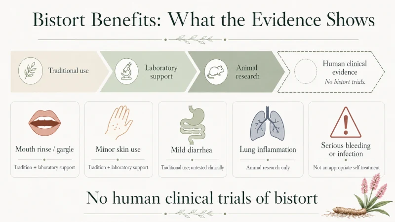 Infographic comparing the strength of evidence for different claimed bistort benefits