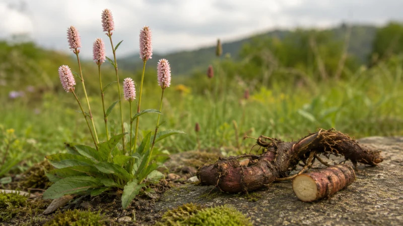 Bistort plant with pink flower spikes beside its dark twisted medicinal rhizome