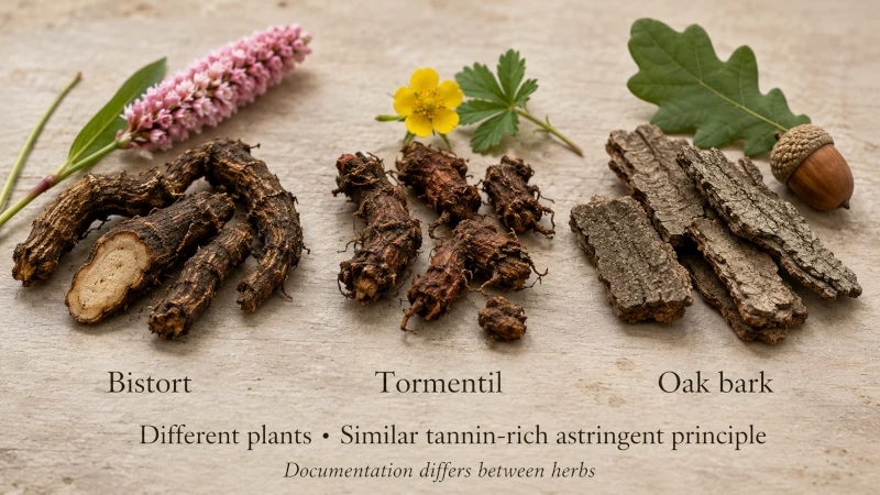 Bistort rhizome, tormentil root, and oak bark arranged side by side as traditional tannin-rich astringents