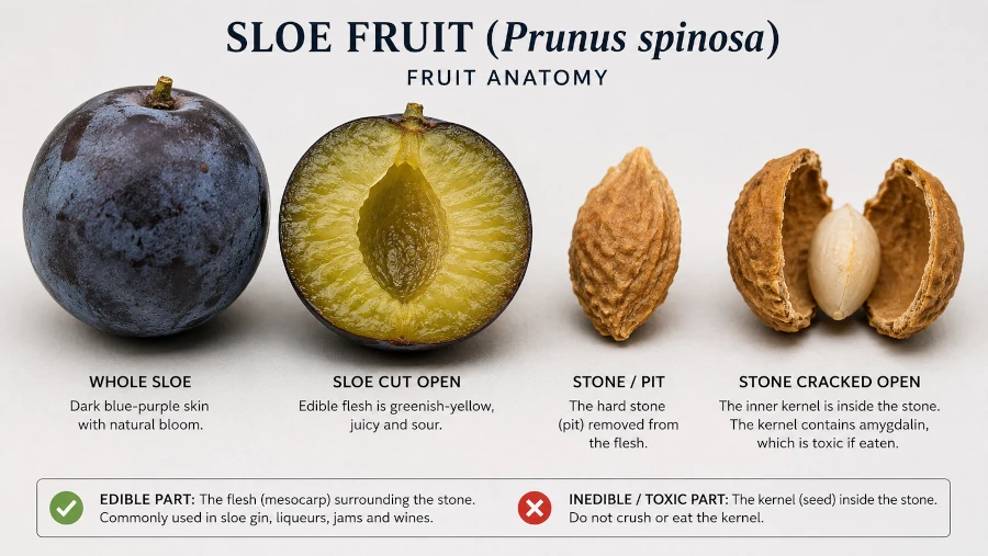 Sloe cut open showing edible flesh and the stone with its toxic kernel