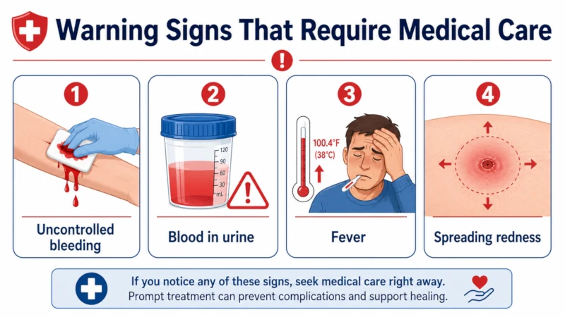 Warning signs that require medical care, including uncontrolled bleeding, blood in urine, fever, and spreading redness