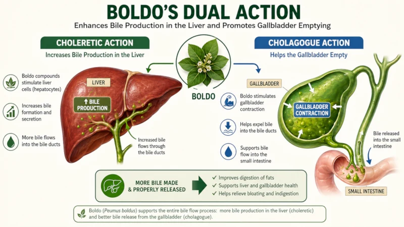 Diagram showing boldo health benefits via choleretic action increasing bile production in the liver and its cholagogue action helping the gallbladder empty