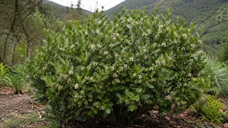 Peumus boldus (boldo) shrub with oval green leaves and small pale flowers