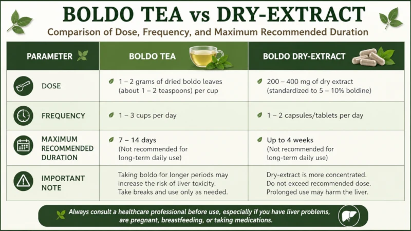 Table comparing boldo tea and dry-extract doses, frequency, and maximum recommended duration