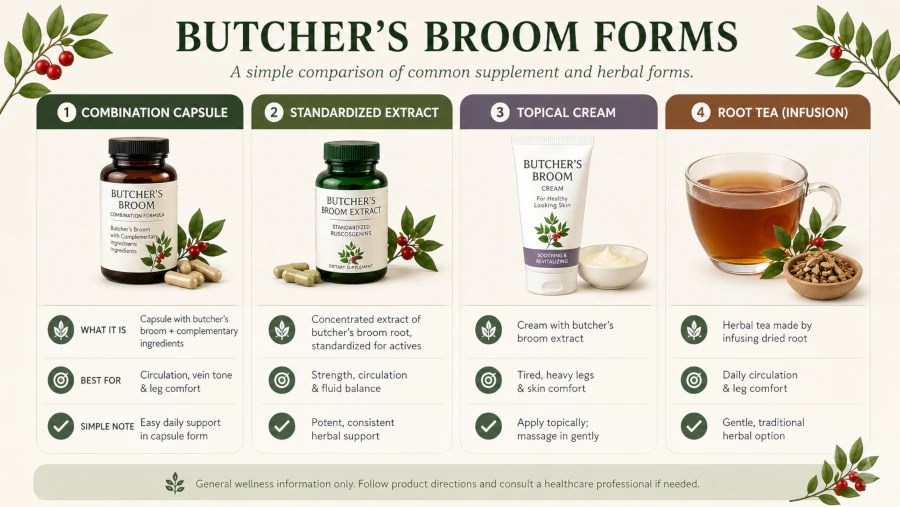 Comparison of butcher's broom forms: combination capsule, standardized extract, topical cream, and root tea.