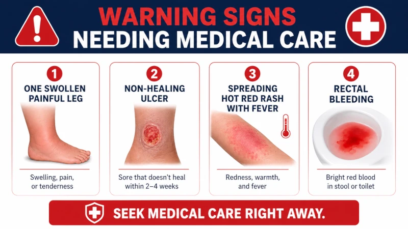 Warning signs needing medical care: one swollen painful leg, non-healing ulcer, spreading hot red rash with fever, rectal bleeding.
