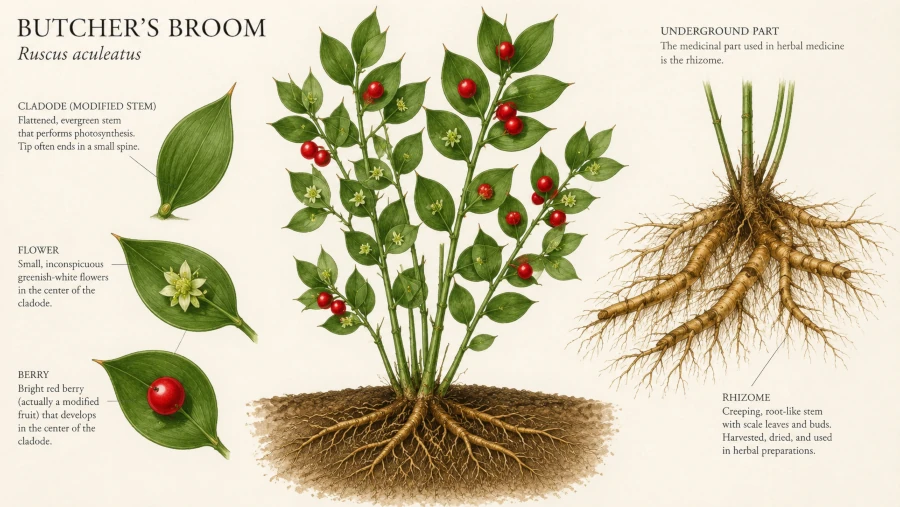Butcher's broom plant showing flattened stems, red berries, and the root and rhizome used in herbal medicine.
