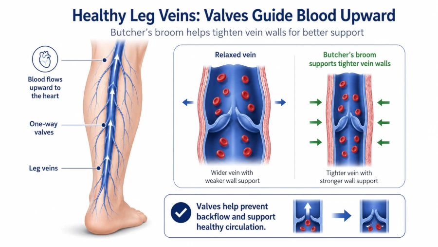 Diagram of blood returning through leg veins via valves, illustrating where butcher's broom tightens vein walls.
