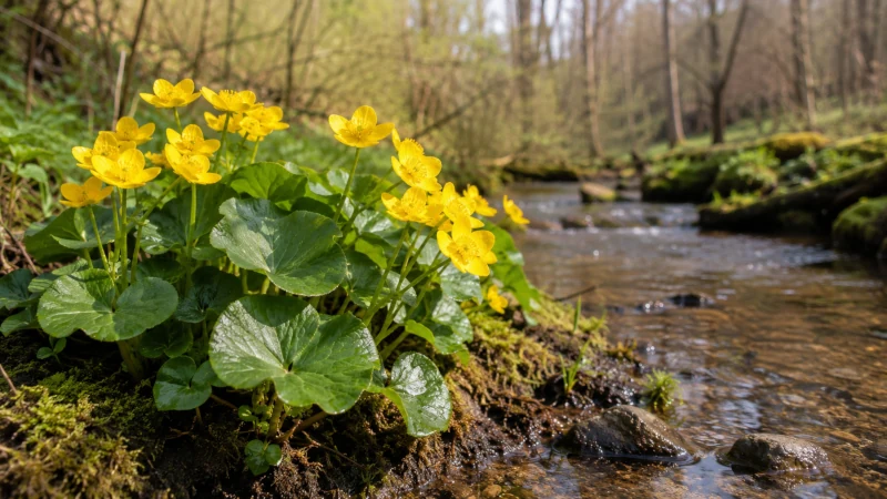 Caltha palustris cowslip plant with yellow flowers growing beside a wetland stream