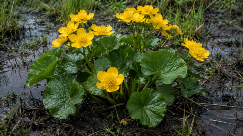 Caltha palustris identification showing glossy heart-shaped leaves and yellow flowers