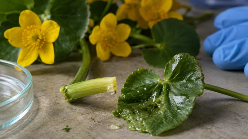 Freshly crushed Caltha palustris plant illustrating the risk from irritating plant sap
