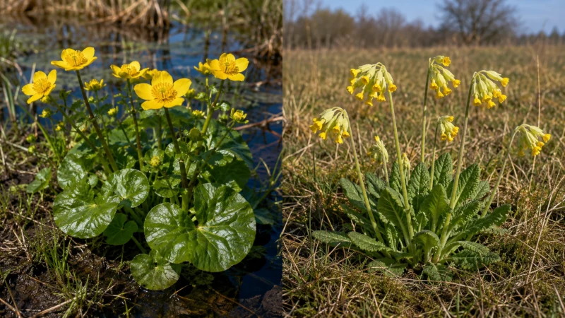 Caltha palustris marsh marigold compared with Primula veris true cowslip