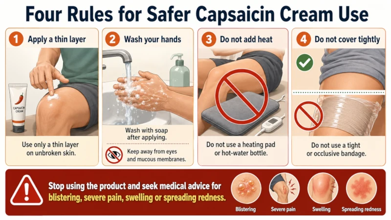 Four illustrations showing thin application of capsaicin cream, handwashing, avoiding heating pads, and avoiding tight bandages.