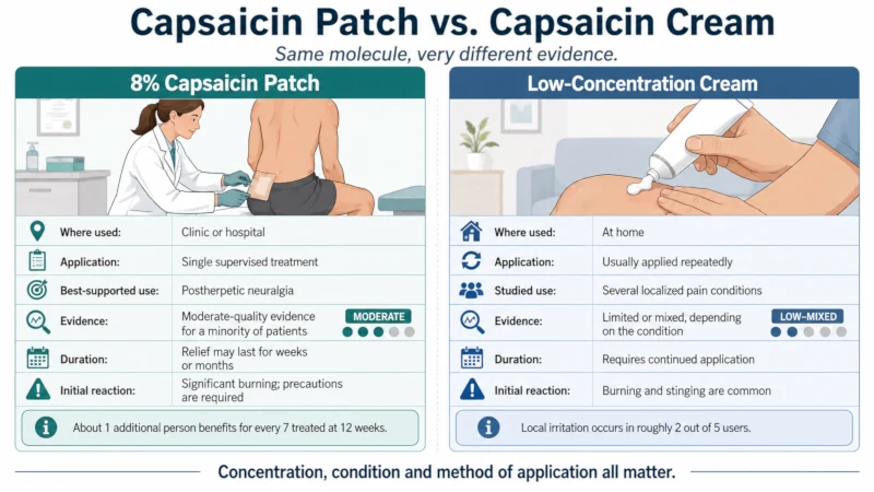 Comparison table of an 8% clinic-applied capsaicin patch and low-concentration over-the-counter cream, including setting and evidence quality.