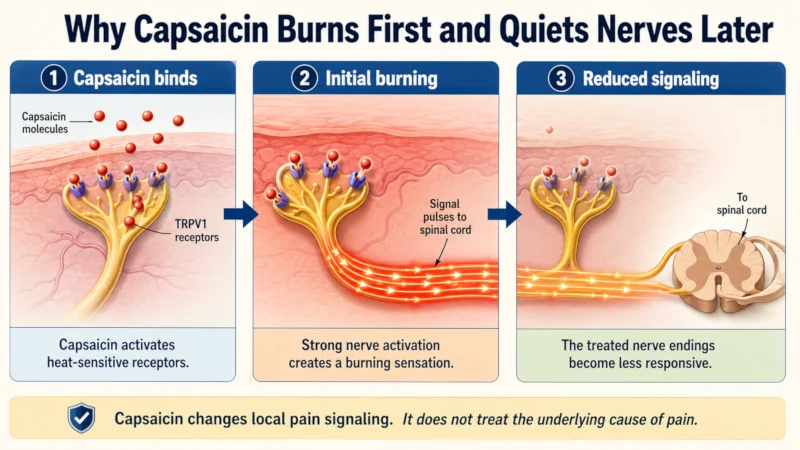 Three-stage diagram showing capsaicin binding to TRPV1 receptors, initial burning, and later reduced nerve signaling.