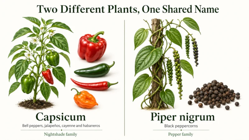 Side-by-side comparison of Capsicum peppers and Piper nigrum peppercorns with species labels.
