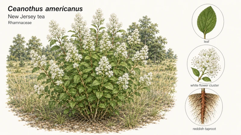 Ceanothus americanus shrub with white flower clusters, ovate leaves, and an inset showing the reddish taproot.