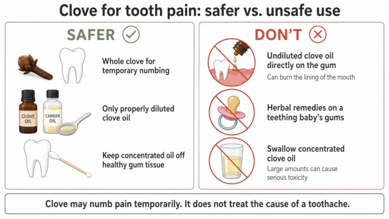 Side-by-side comparison showing safe clove use with whole cloves and diluted oil versus unsafe use of undiluted clove oil concentrate.