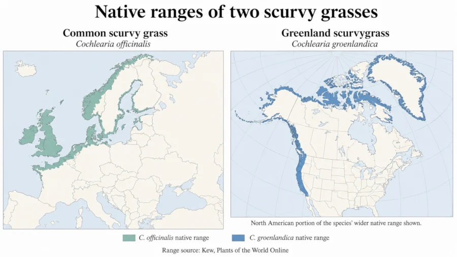 Map showing common scurvy grass native across northern and western Europe and Greenland scurvygrass native along the Pacific Northwest coast and Arctic Canada