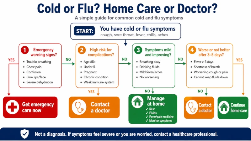 Decision tree guiding when to manage a cold or flu at home versus contacting a doctor.