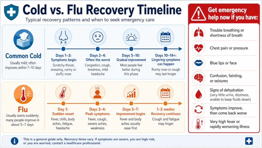 Timeline showing typical cold and flu recovery and when symptoms signal an emergency.