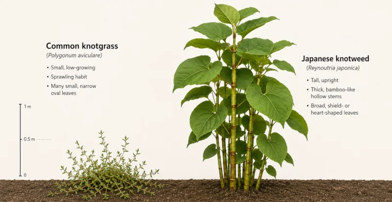 Common knotgrass and Japanese knotweed shown side by side to highlight differences in size and leaves.