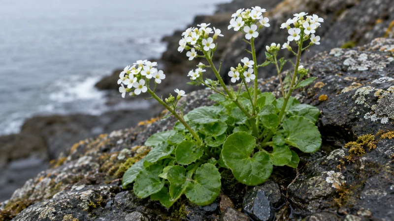 photograph of common scurvy grass, Cochlearia officinalis, growing naturally on a cool northern European rocky shoreline.