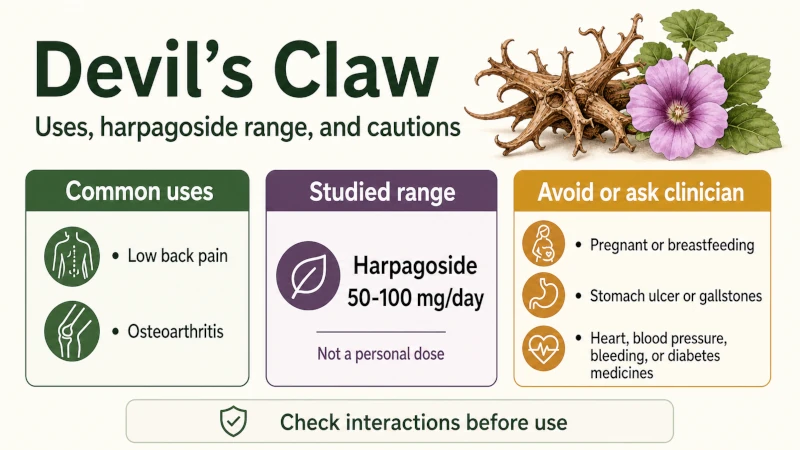 Summary of devil's claw uses, harpagoside dose range, and who should avoid it.