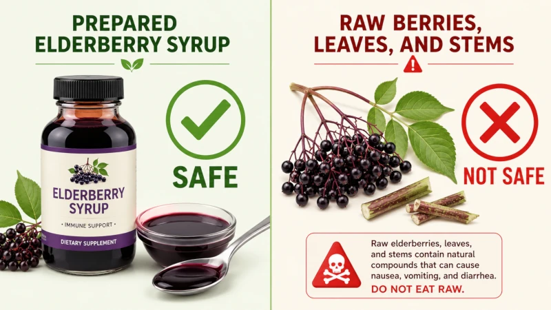 Illustration showing prepared elderberry syrup is safe while raw berries, leaves and stems are not.